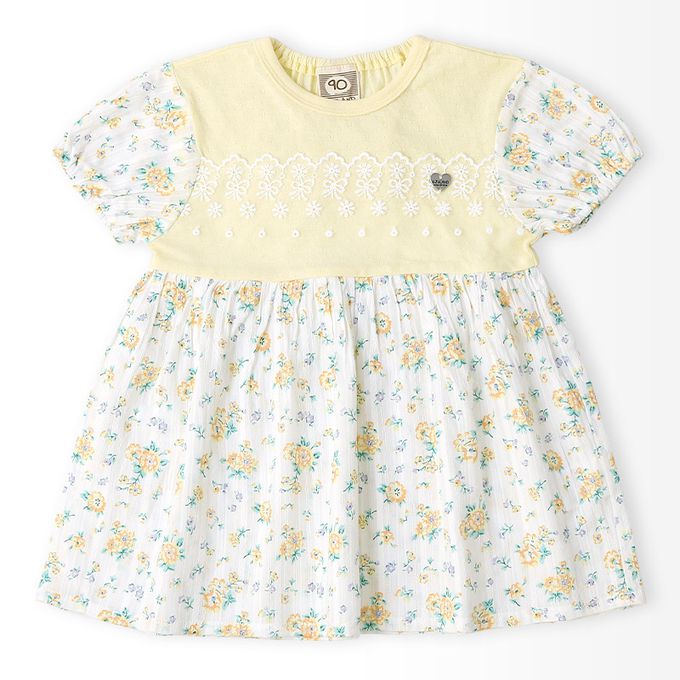 日本 ZOOLAND - 甜美花卉胸前蕾絲短袖洋裝-粉紅