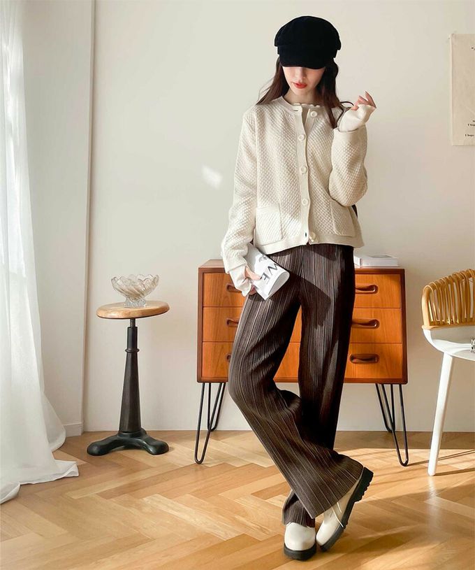 日本 Classical Elf - 光澤感細褶垂墜感長褲-珊瑚粉