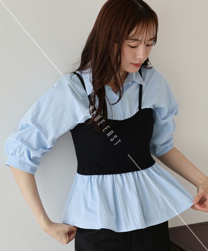 日本 BLUE EAST - 假二件俐落時尚疊穿五分袖上衣-黑x白