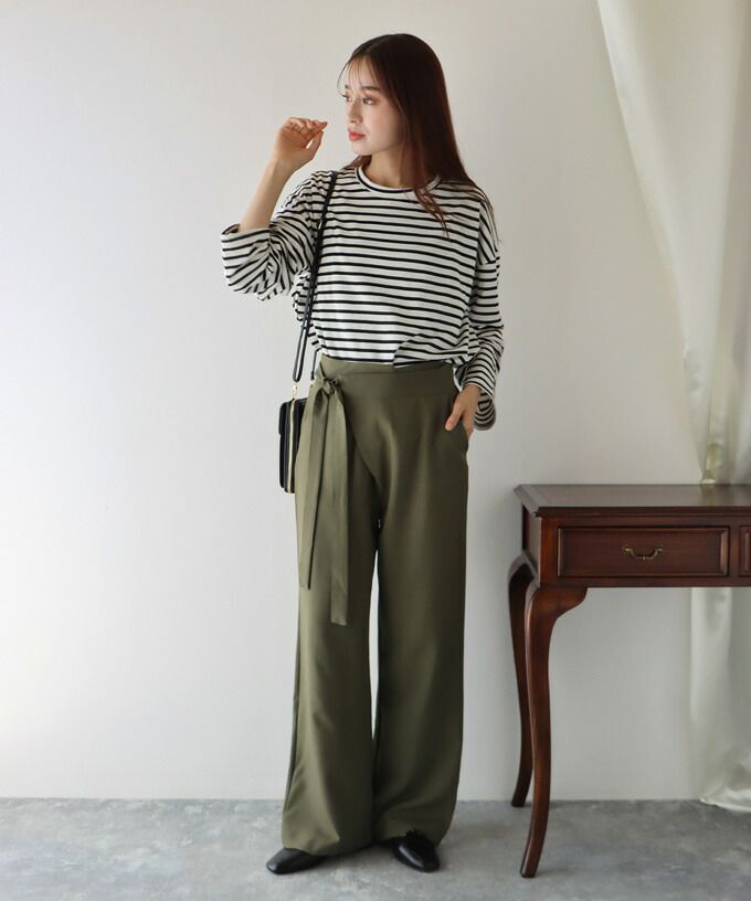 日本 BLUE EAST - 綁帶裝飾垂墜西裝長褲-軍綠