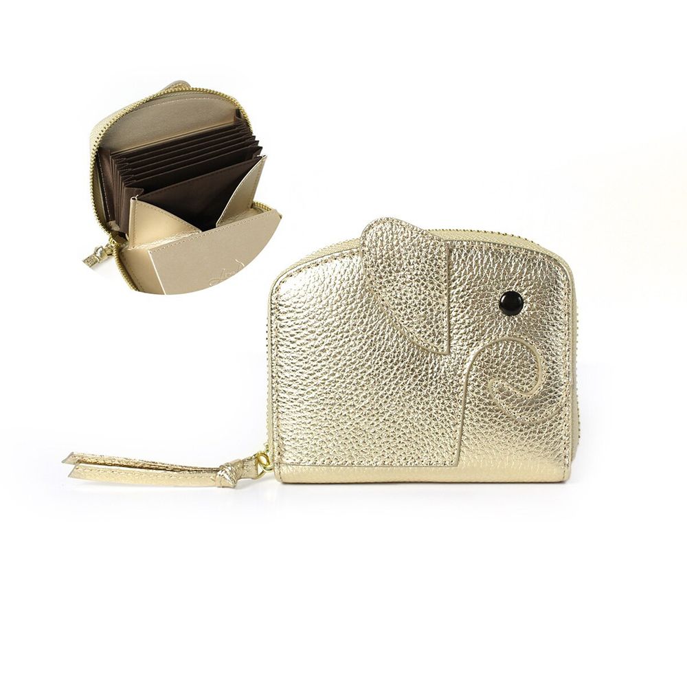 童趣大象輕巧真皮風琴式短夾-(防盜功能)-霧金