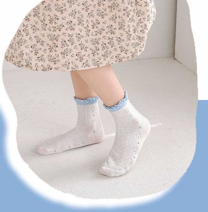 蔚藍蝴蝶結荷葉邊透氣短筒棉襪