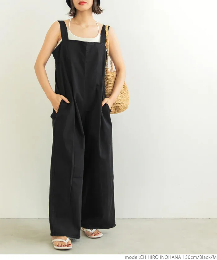 日本 COCA - 棉混厚磅工裝感吊帶褲-黑