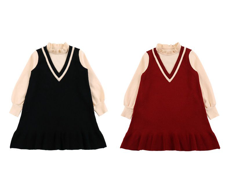 假兩件V領泡泡袖毛衣連身裙-黑色