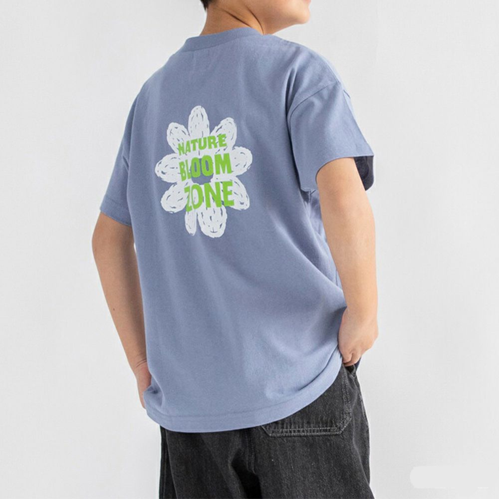 100%天竺棉定番印花短袖上衣-大花朵-灰藍