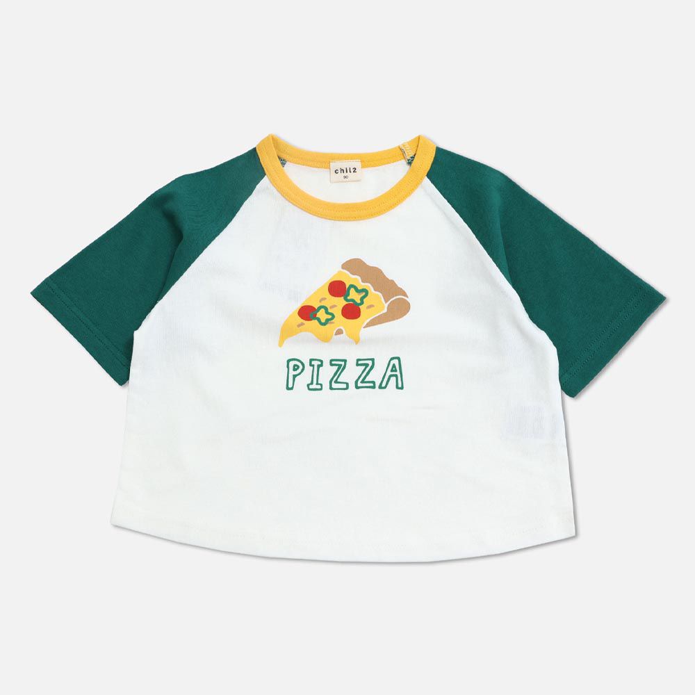 日本 Chil2 - 美式袖撞色純棉短袖上衣-一片披薩-綠