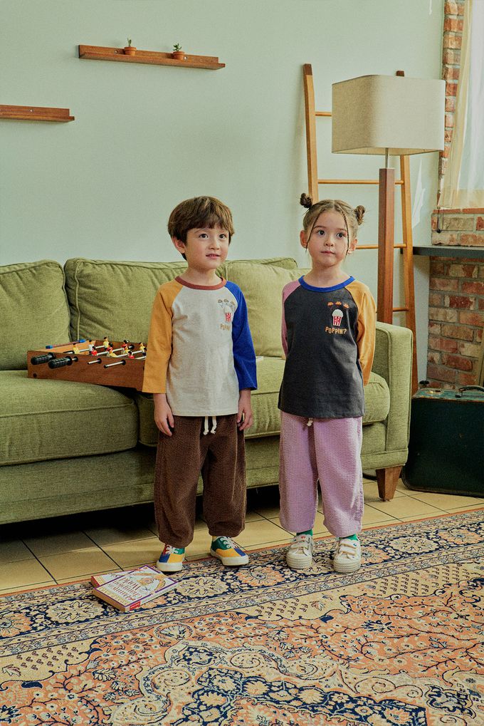 韓國 First Blue - 美味爆米花印長袖上衣-黃橘X燕麥X寶藍