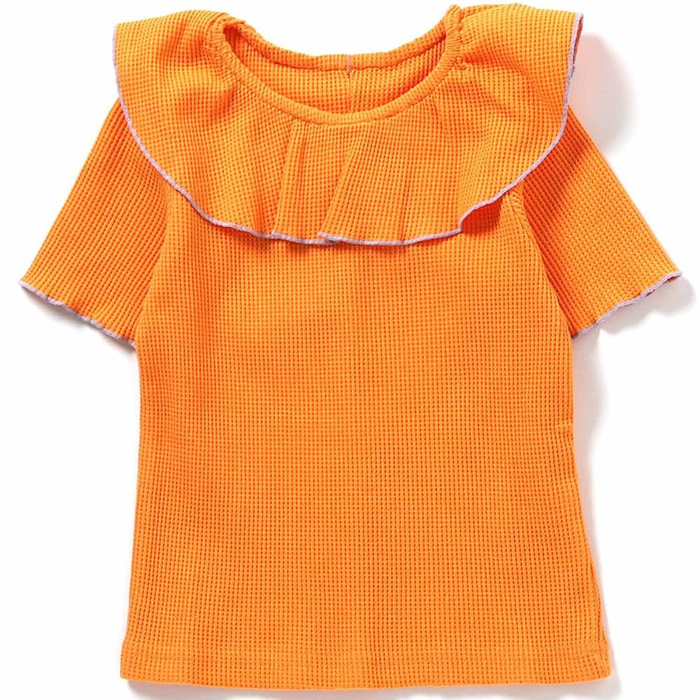 浪漫捲邊荷葉領華夫格短袖上衣-素面-橘