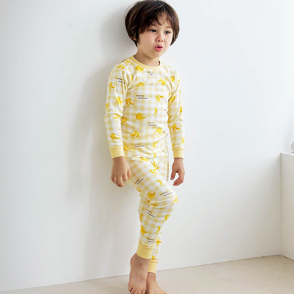 細緻柔棉彈性長袖家居服-格紋香蕉-黃