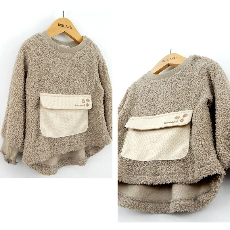 日本 ZOOLAND - 圓領泰迪熊刷毛長袖上衣-百寶袋-淺灰杏