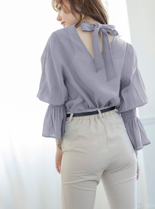 日本 GRL - 美背蝴蝶結雪紡糖果袖長袖上衣-時尚黑