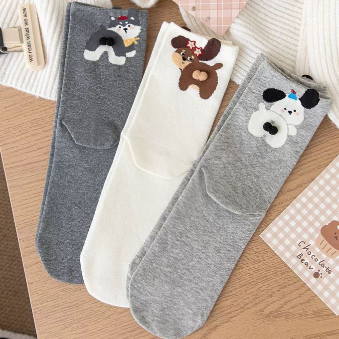 胖嘟嘟立體毛球狗狗中筒棉襪