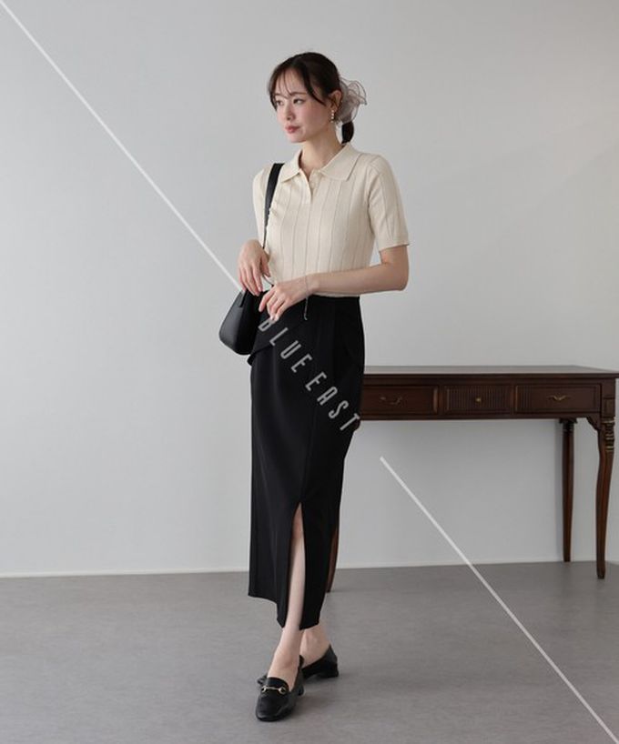 日本 BLUE EAST - 都會氣息寬羅紋針織短袖polo衫-米杏