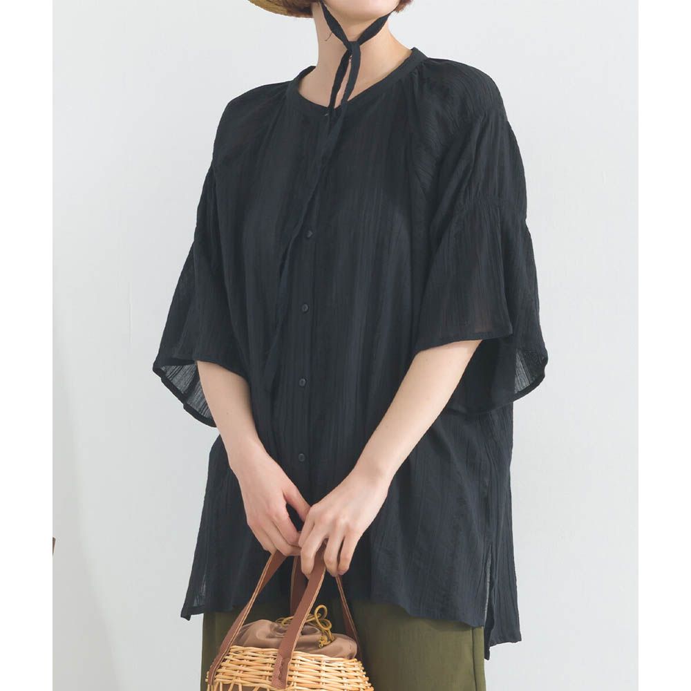 柔軟嫘縈緹花分層五分袖上衣-黑