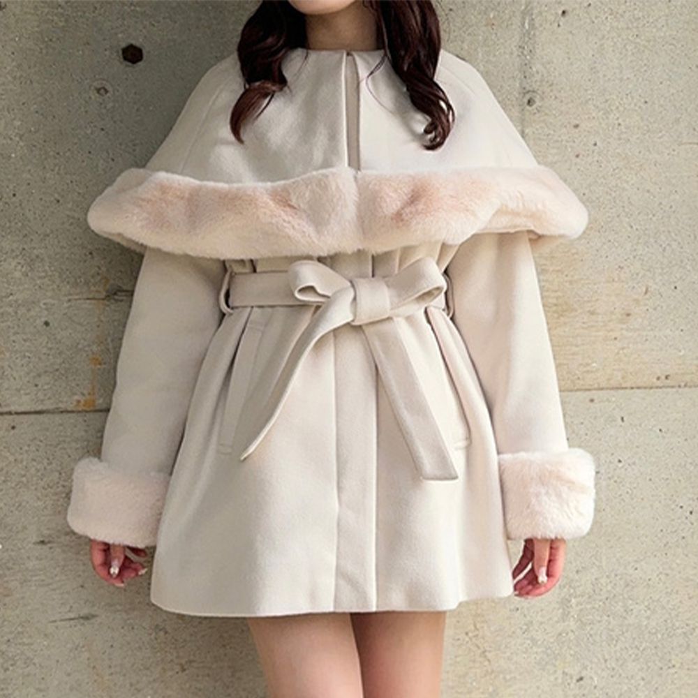 氣質小奢華短版大衣外套(附毛絨斗篷)-象牙白 (F)