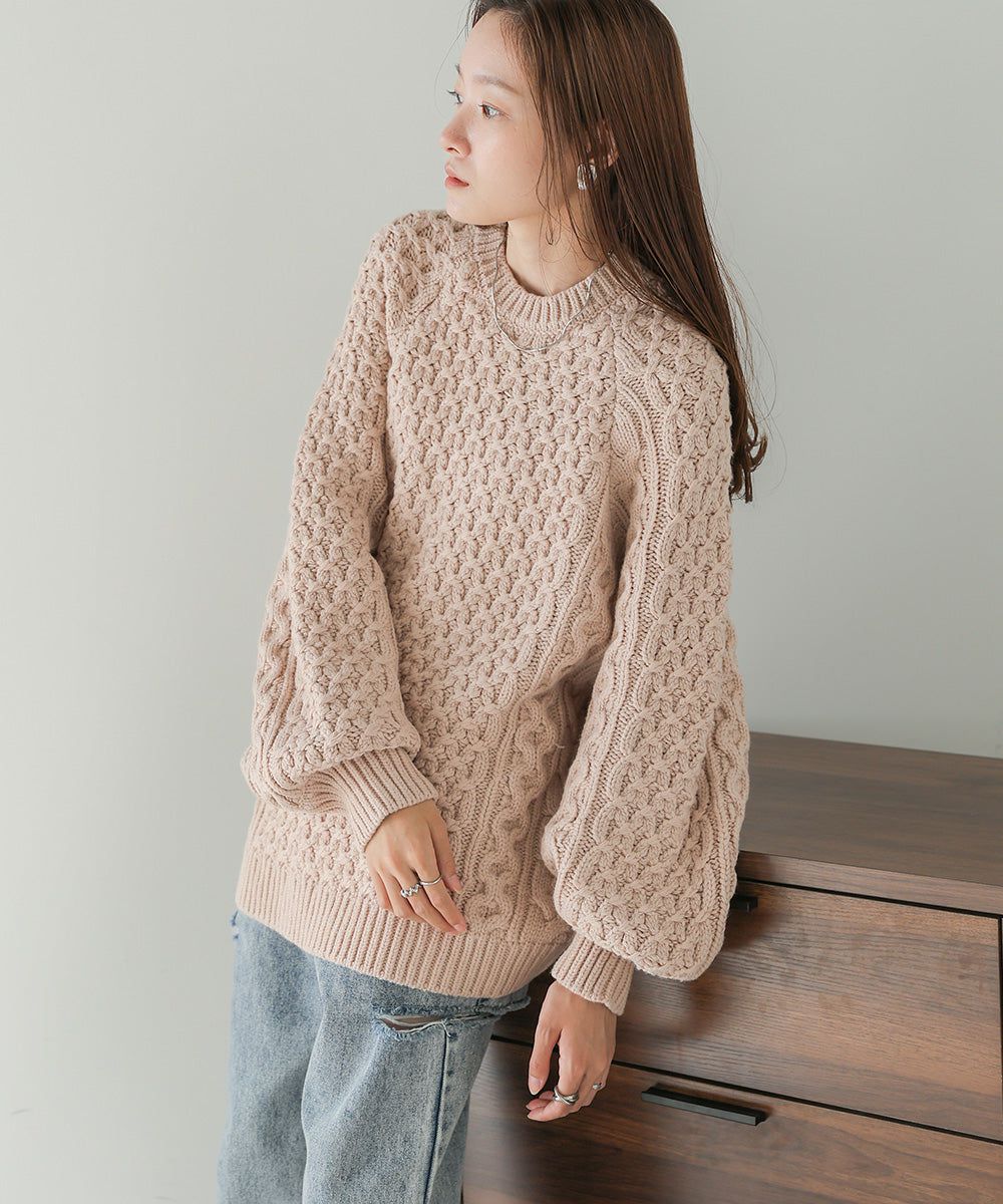 日本 Bab - 麻花編織大寬袖針織上衣-炭灰