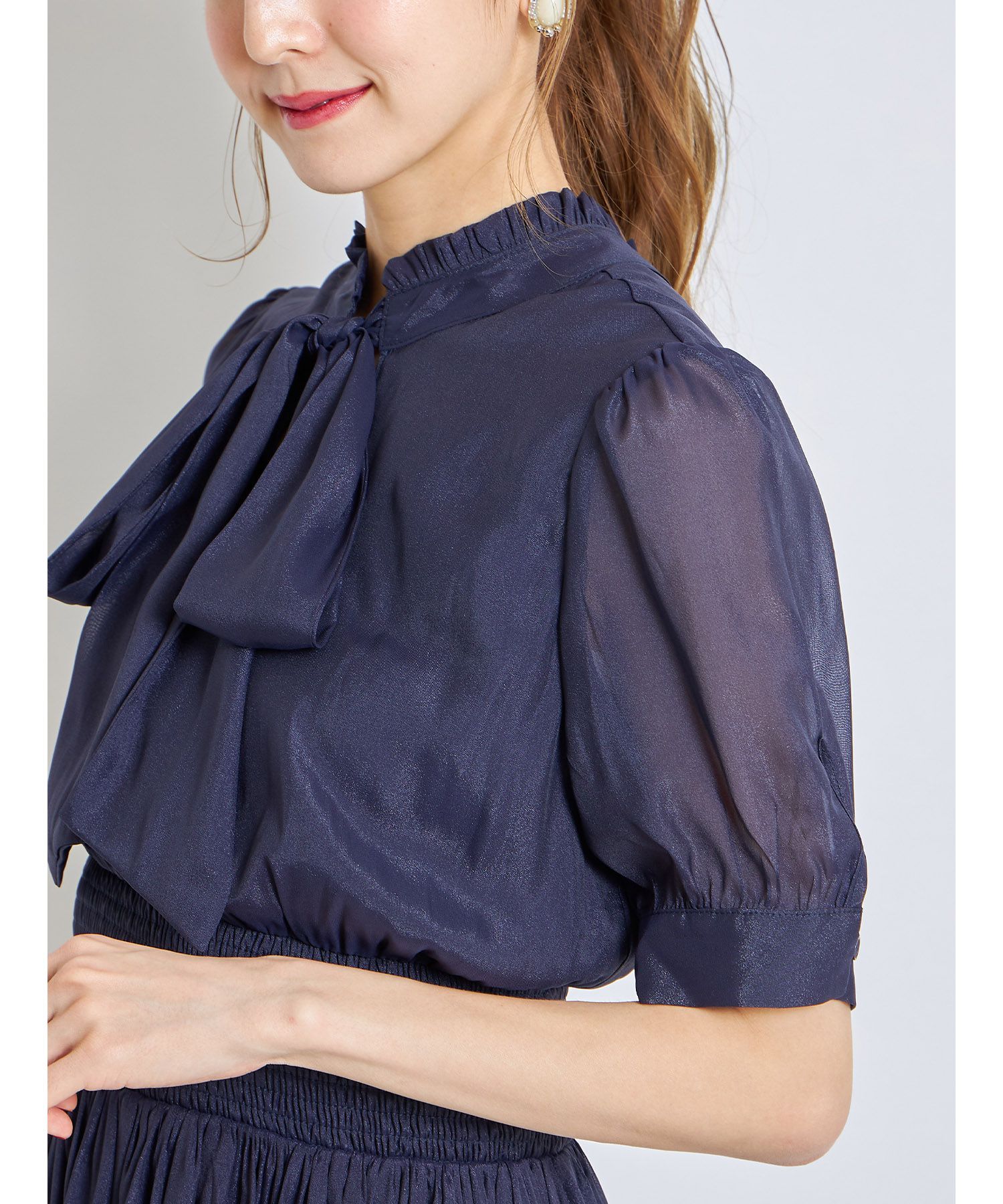 日本 tocco-closet - 2WAY甜美蝴蝶結雪紡洋裝-海軍藍