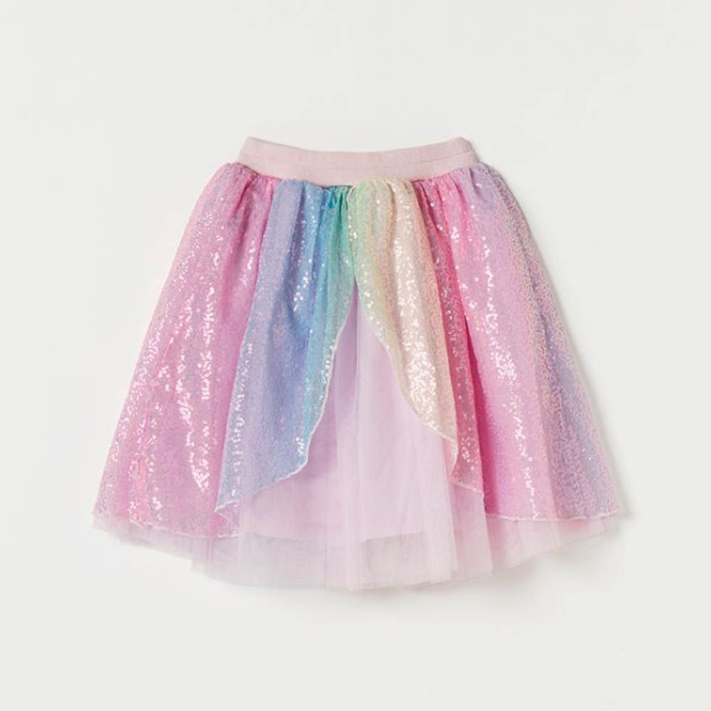 鬆緊腰歐若拉亮片網紗裙-粉