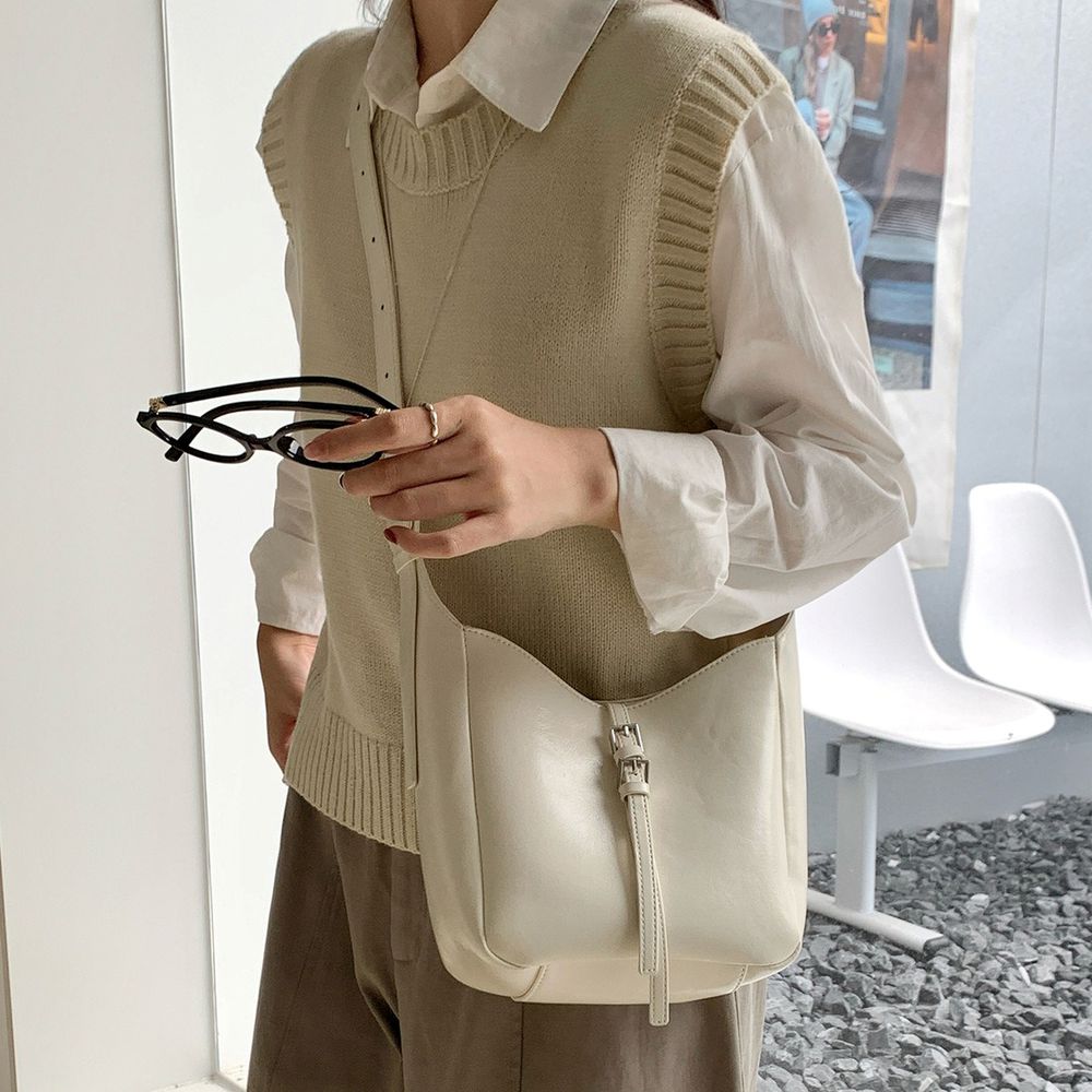 韓系小眾時尚斜背/單肩水桶方包-米白