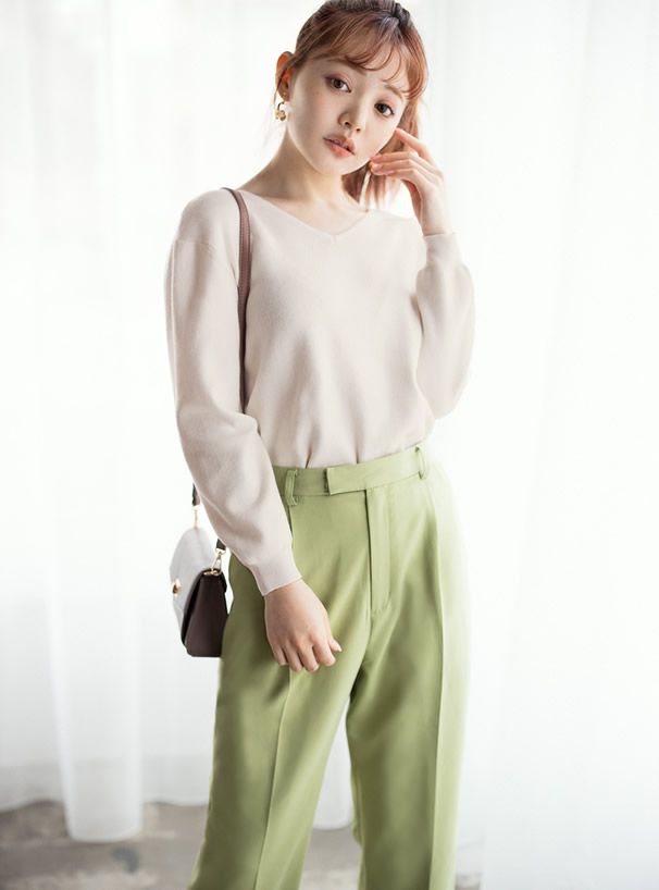 日本 GRL - 優雅V領長袖針織上衣-酒紅