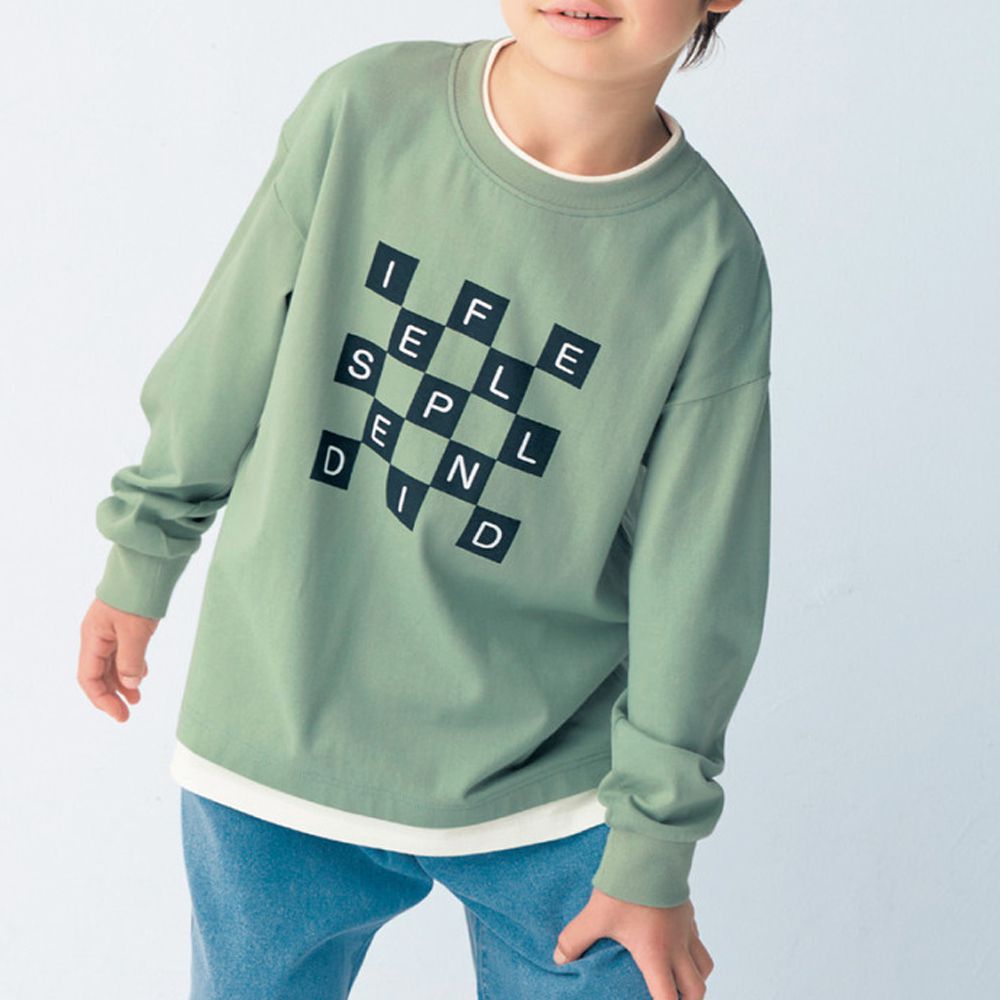 GITA 100%棉層次印花長袖上衣-英文logo-綠