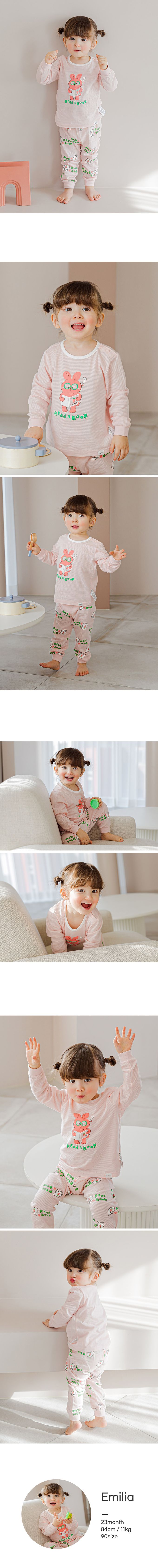 韓國 Cordi-i - 無螢光棉透氣緹花長袖家居服-讀書小兔-粉