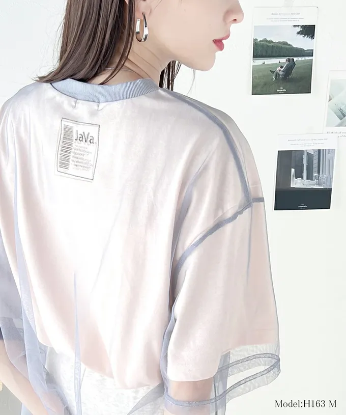 日本 Classical Elf - Java 薄紗層次酷甜五分袖上衣-淺粉x藍灰紗