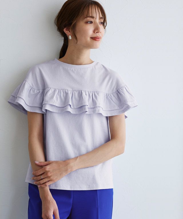 日本 Pierrot - 甜美氣質荷葉滾邊短袖上衣-磚紅橘