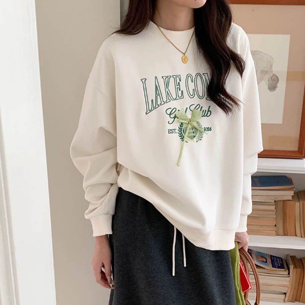 長袖大學T-刺繡字母蝴蝶結-杏色 (F)