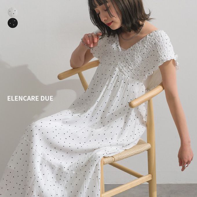 日本 ELENCARE DUE - 皺摺V領後綁帶甜美無袖洋裝-波點-黑