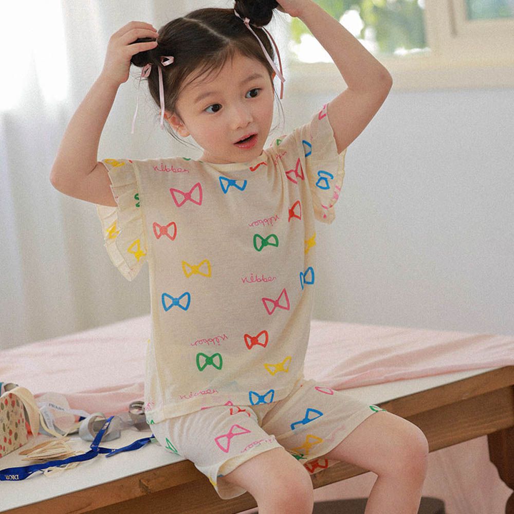 透氣嫘縈短袖家居服-彩色蝴蝶結-米黃