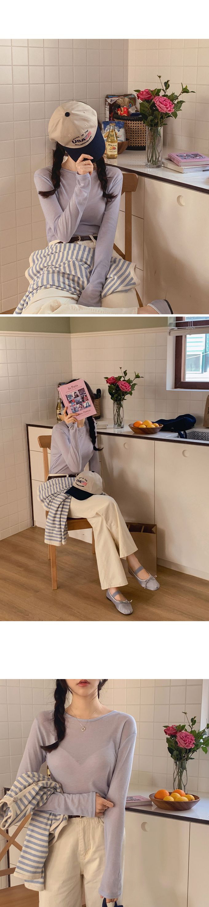 韓國女裝代購 - 換季必備！極簡薄透長袖上衣-灰藍 (FREE)