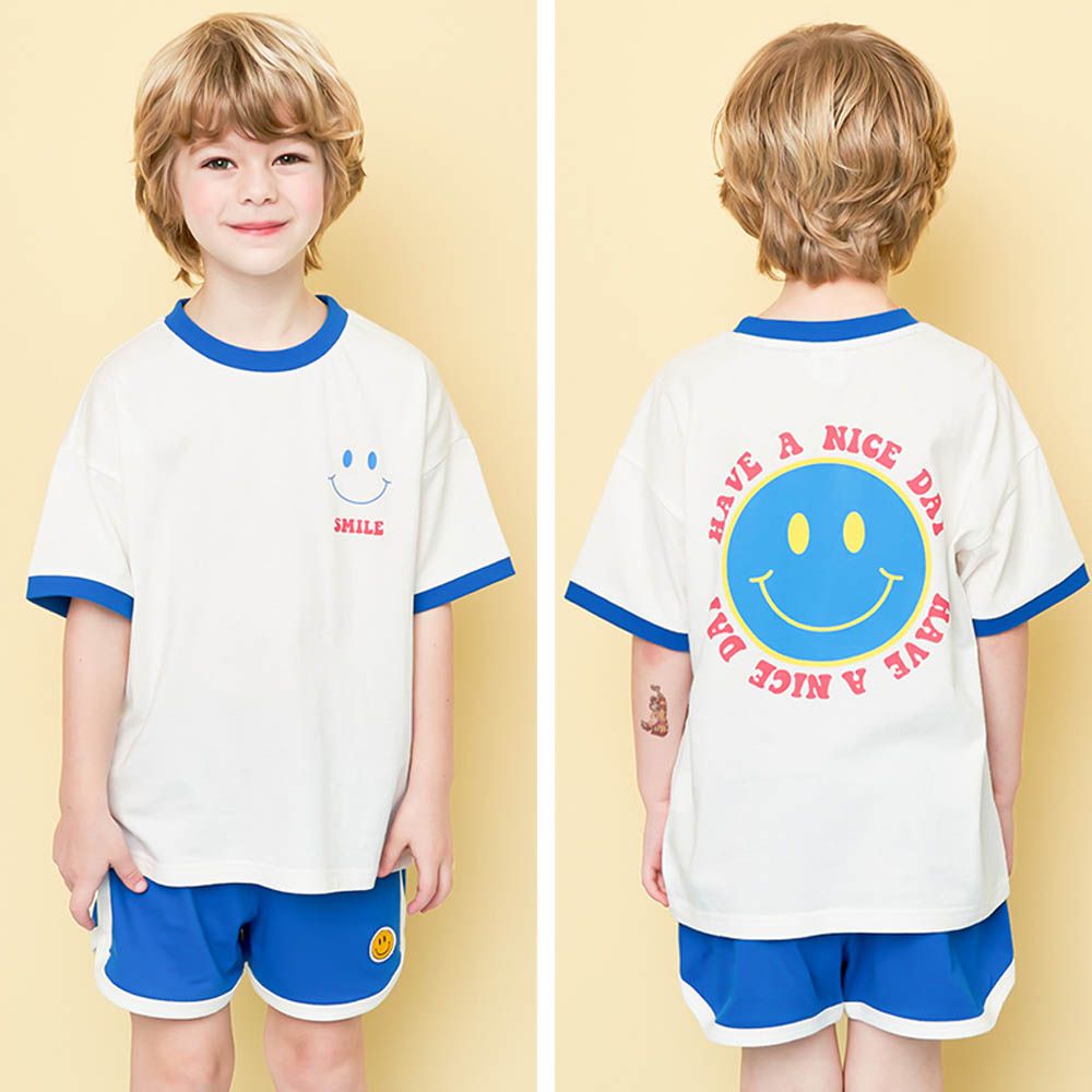 笑臉圖案純棉短袖套裝-藍