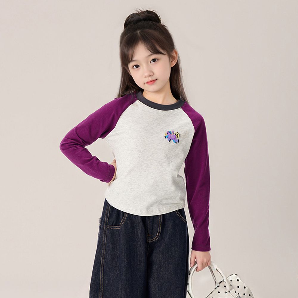 簡約拼色長袖上衣-刺繡小馬-淺灰