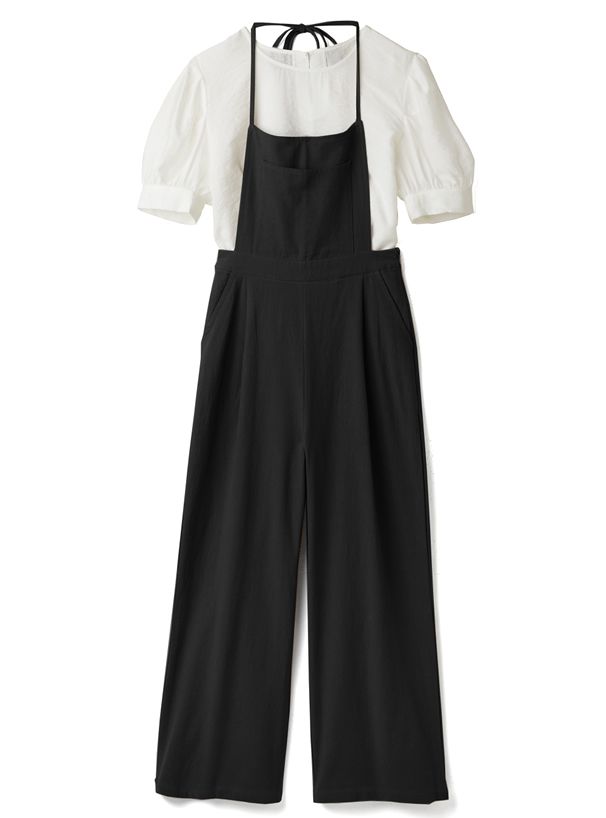 日本 GRL - 透膚短袖上衣x細繩吊帶褲2件組-白x黑