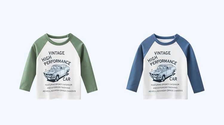 純棉圓領薄長袖上衣-美式車車-軍綠+白