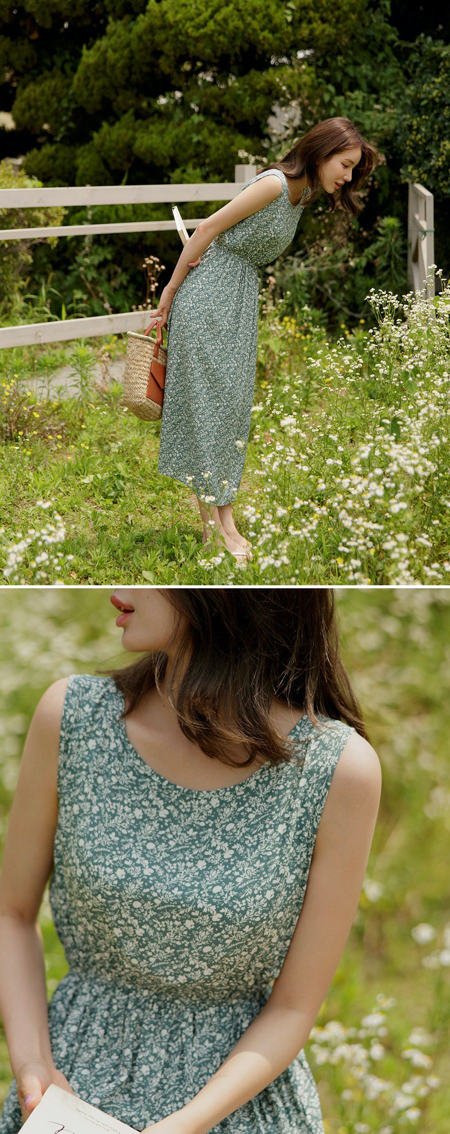 韓國 Urbantheroom - 單色碎花無袖縮腰長洋裝-藍 (Free)