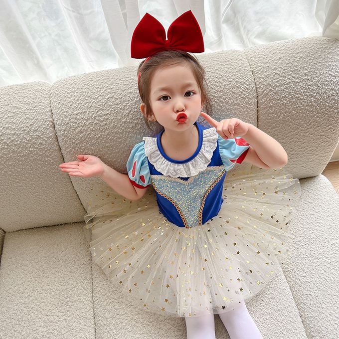 短袖造型公主裙/芭蕾舞裙-卡通人物-白雪公主-藍+奶油黃