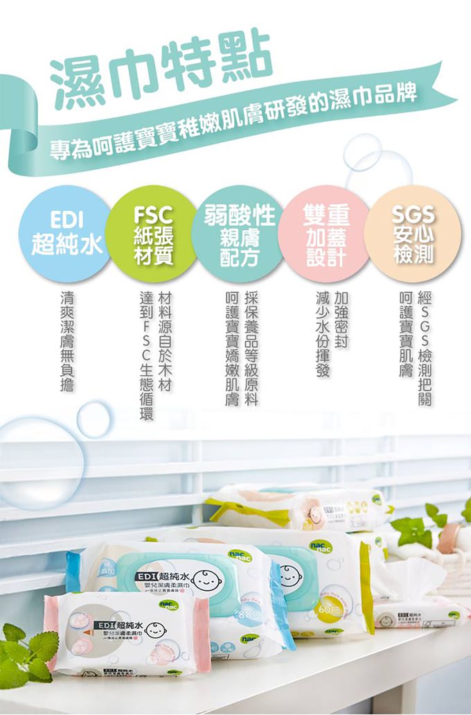 nac nac - EDI純水濕巾60抽-加大加厚-3入+3蓋