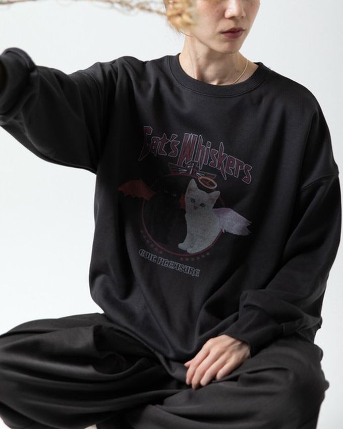 日本 gleam - 裏毛寬版天使惡魔貓咪印花大學T-深藍