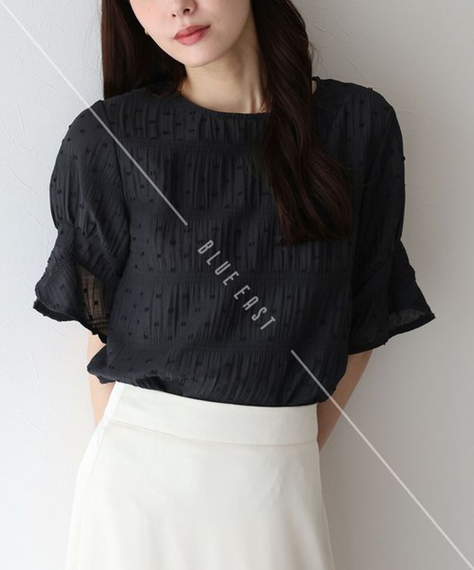 日本 BLUE EAST - 細緻圓點緹花透膚短袖上衣-黑