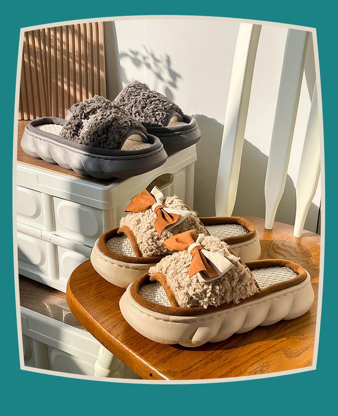 厚底海綿感亞麻室內拖鞋-英文字母-咖啡色