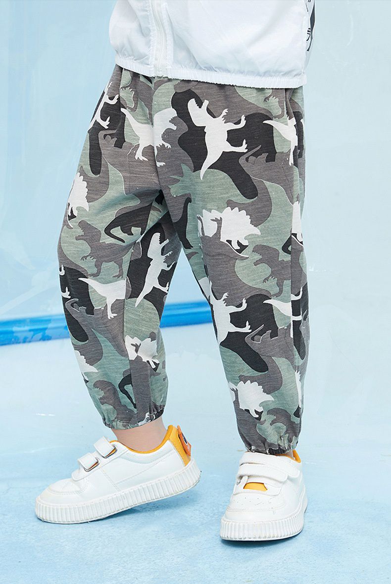 竹節棉束口長褲/防蚊褲-迷彩恐龍-藍+白