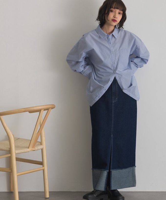 日本 ELENCARE DUE - 男友風寬鬆率性感長袖襯衫-藍系直條紋