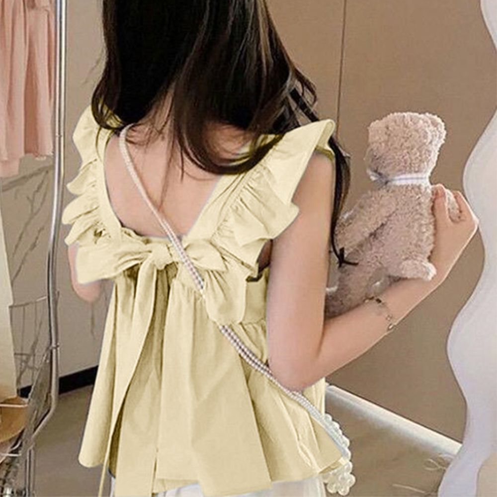 甜美荷葉背後綁帶傘狀背心-淺黃 (M)