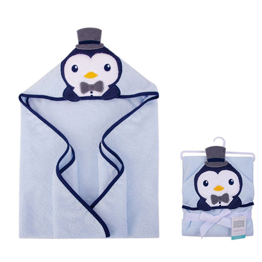 美國 Luvable Friends - 100% 純棉嬰幼兒動物造型連帽浴巾/包巾-藍企鵝