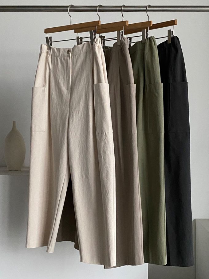 韓國女裝連線 - 鬆緊腰雙口袋錐形修飾長褲-灰卡其 (FREE)