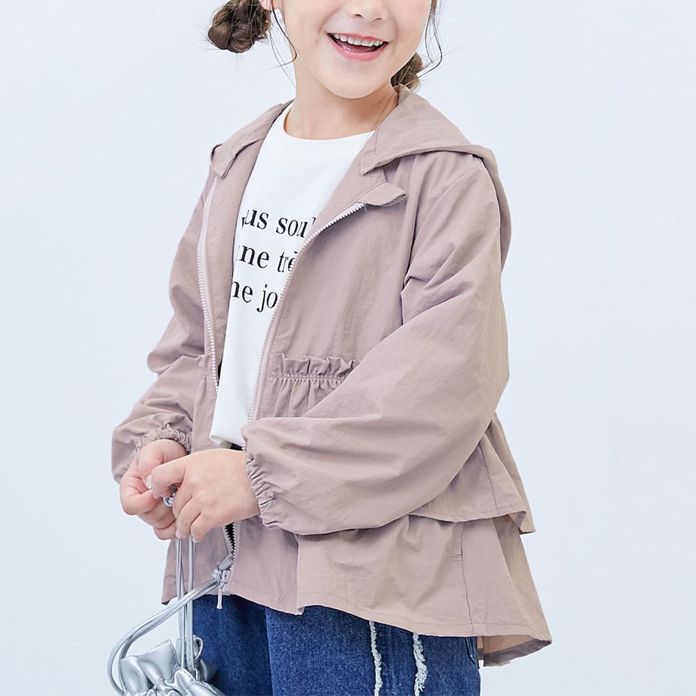 防潑水 層次荷葉輕量風衣外套(帽可拆)-杏粉紅