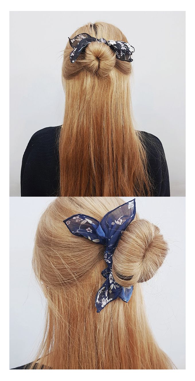 韓國 Soo&Soo - 高雅印花蝴蝶結盤頭髮飾-深藍