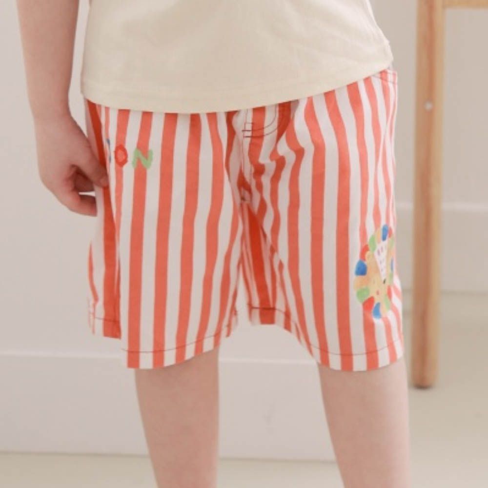 鬆緊腰水彩獅子直紋短褲-橘紅